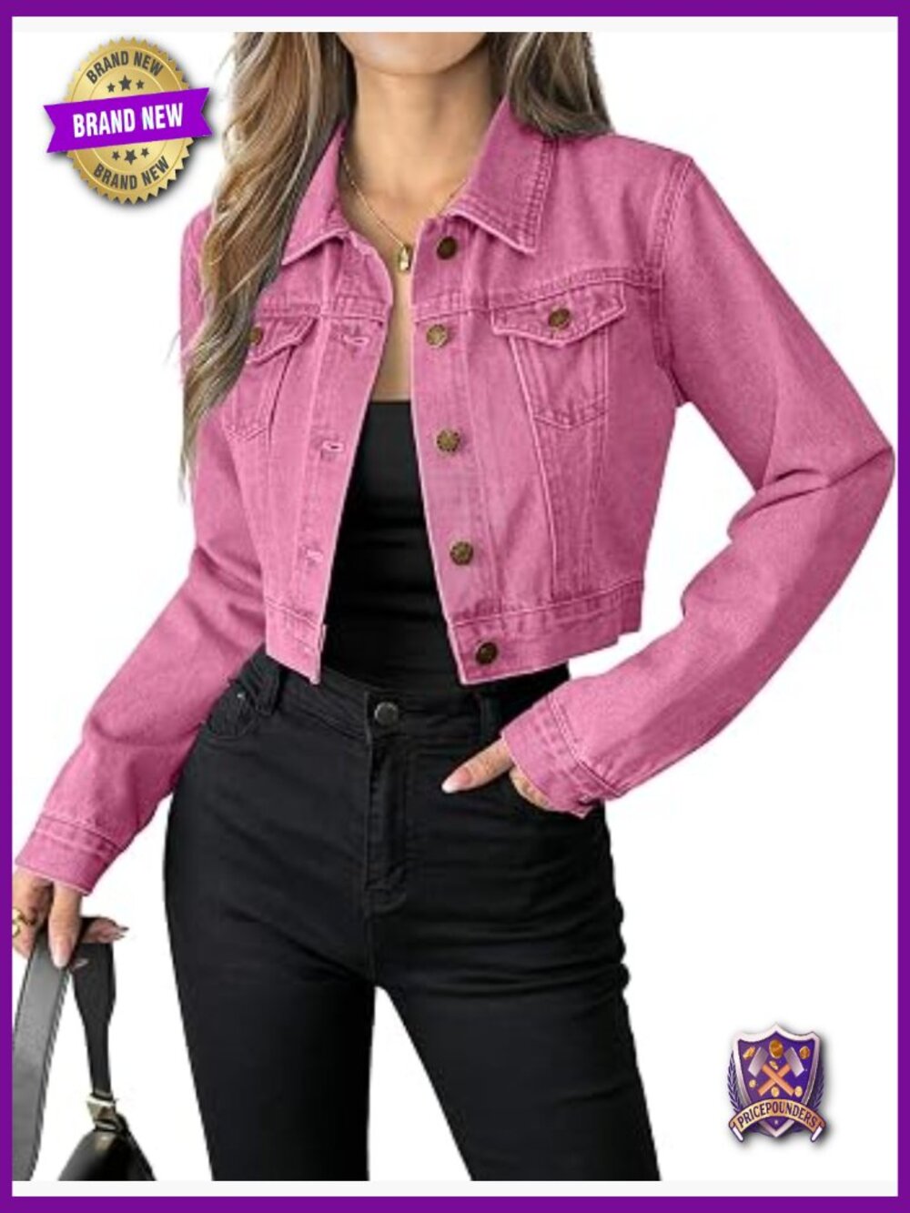 Crop Denim Jean Jacket Button Down Long Sleeve with Pockets